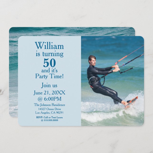 Invitación Personalizado azul oceánico "cumple 50 años" foto  (Anverso / Reverso)