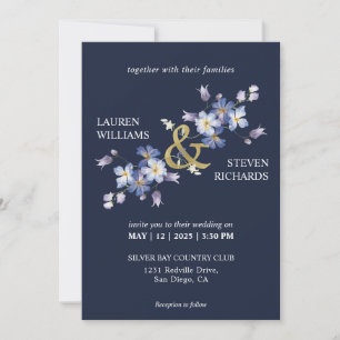 Invitación Personalizado Azul oscuro Flores púrpura Boda de d