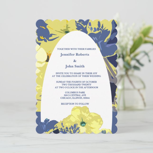 Invitación Personalizado azul turbio amarillo floral Boda Arc (Anverso de pie)
