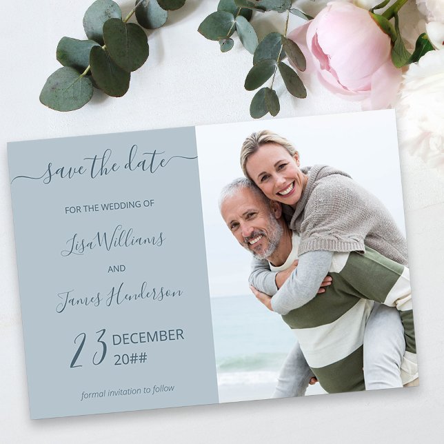 Invitación Personalizado azul turbio de dos tonos para salvar (Light Blue Wedding Save the Date with Photo)