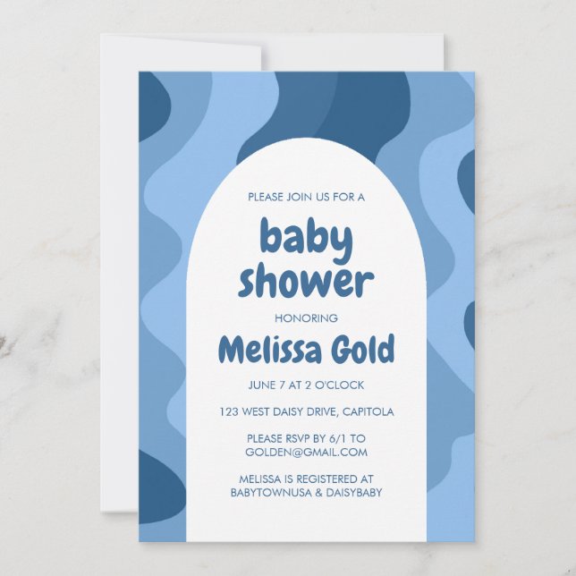 Invitación PERSONALIZADO Baby Shower BOY Arch Groovy Blue Str (Anverso)