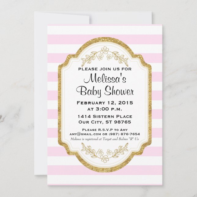 Invitación Personalizado Baby Shower, oro, franjas (Anverso)