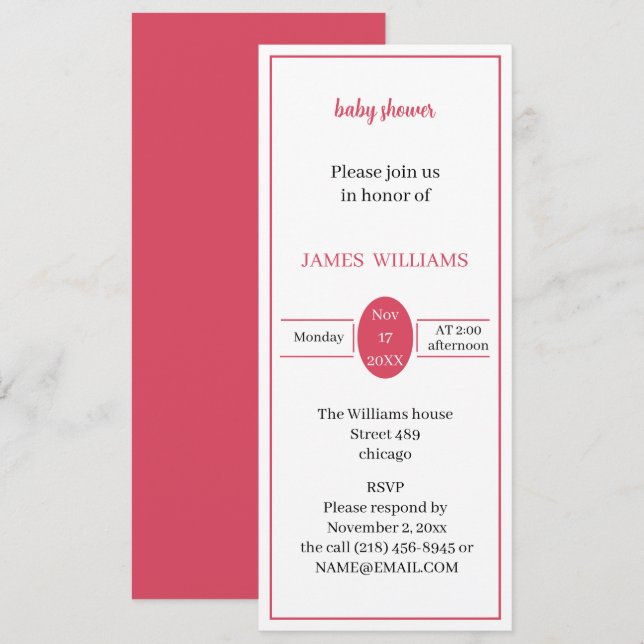 Invitación Personalizado Baby Shower rojo simple (Anverso / Reverso)