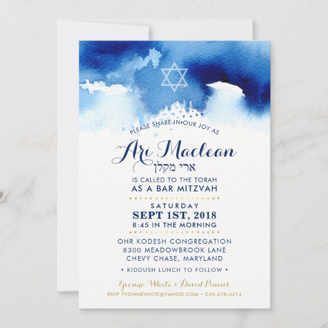 Invitación PERSONALIZADO BAR MITZVAH acuarela azul dorado inv (Anverso)