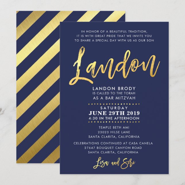 Invitación PERSONALIZADO Bar Mitzvah Invitar azul marino + or (Anverso / Reverso)