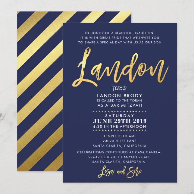 Invitación PERSONALIZADO Bar Mitzvah Invitar azul marino + or (Anverso / Reverso)