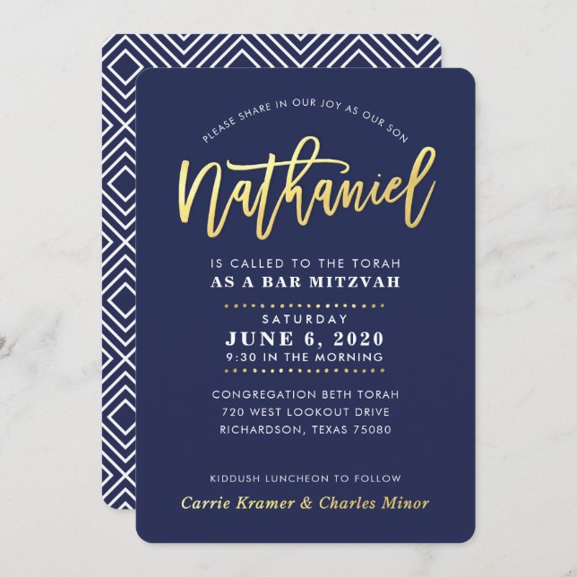 Invitación PERSONALIZADO Bar Mitzvah oro de la marina moderna (Anverso / Reverso)