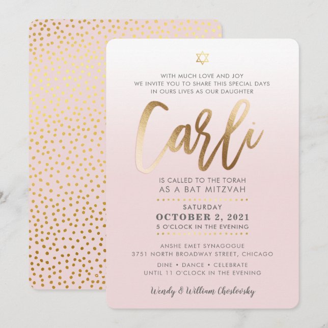 Invitación PERSONALIZADO Bat Mitzvah Invitar oro rosa pálido  (Anverso / Reverso)