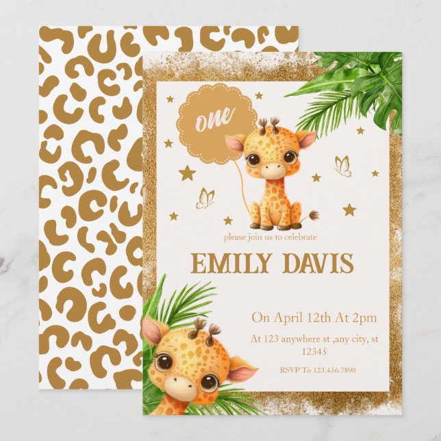 Invitación personalizado bebé giraffe jungle safari (Anverso / Reverso)