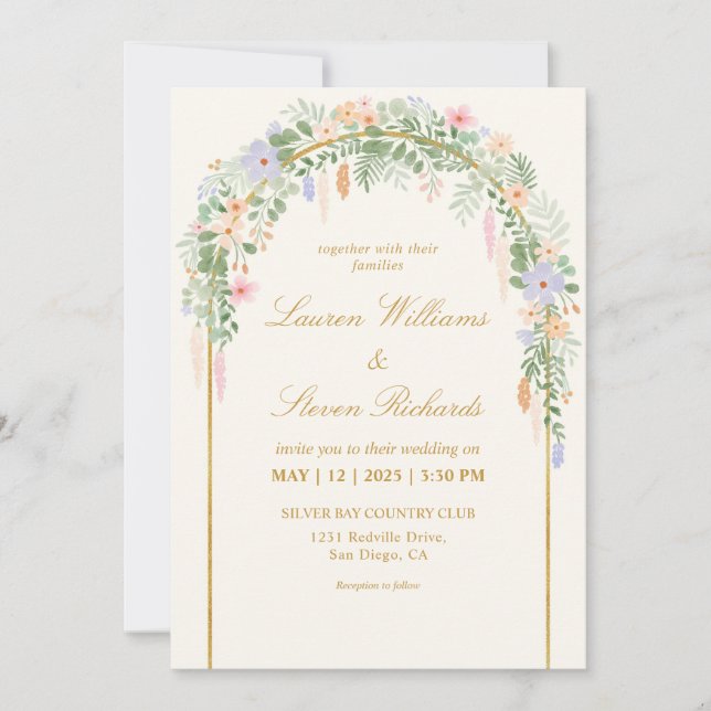Invitación Personalizado Beige Verde Oro Azul Boda de arco fl (Anverso)
