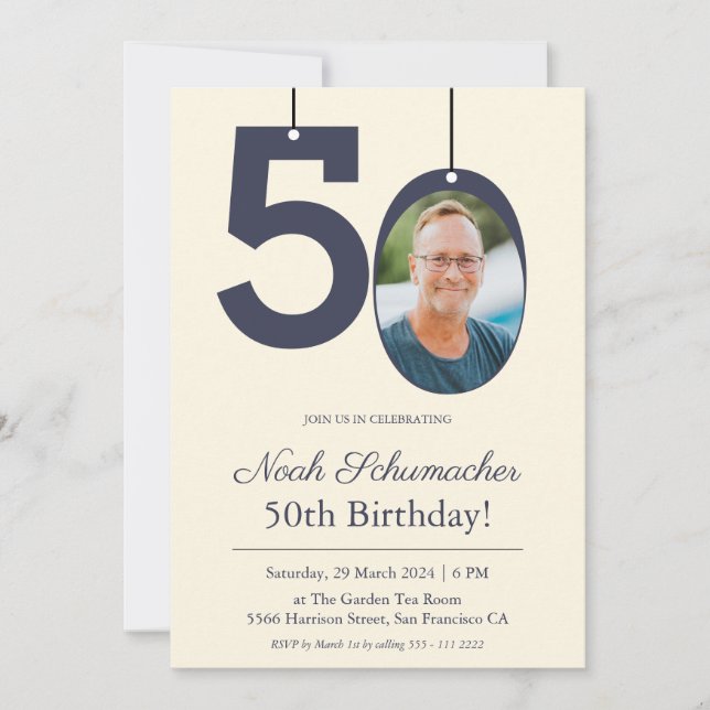 Invitación Personalizado beige y crema foto 50 cumpleaños (Anverso)