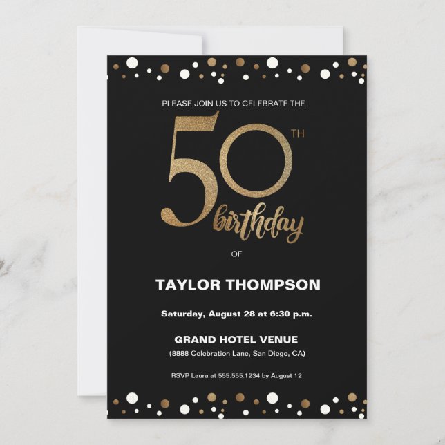 Invitación Personalizado Black Gold Confetti Classic 50 Fiest (Anverso)