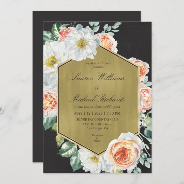 Invitación Personalizado Black Gold y Rosas Peach Boda (Anverso / Reverso)