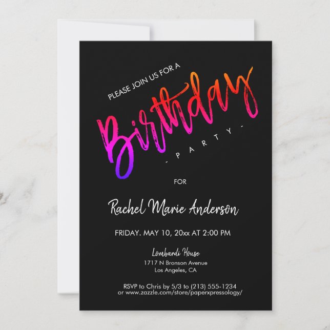 Invitación Personalizado Black Neon Minimal Script Fiesta de  (Anverso)