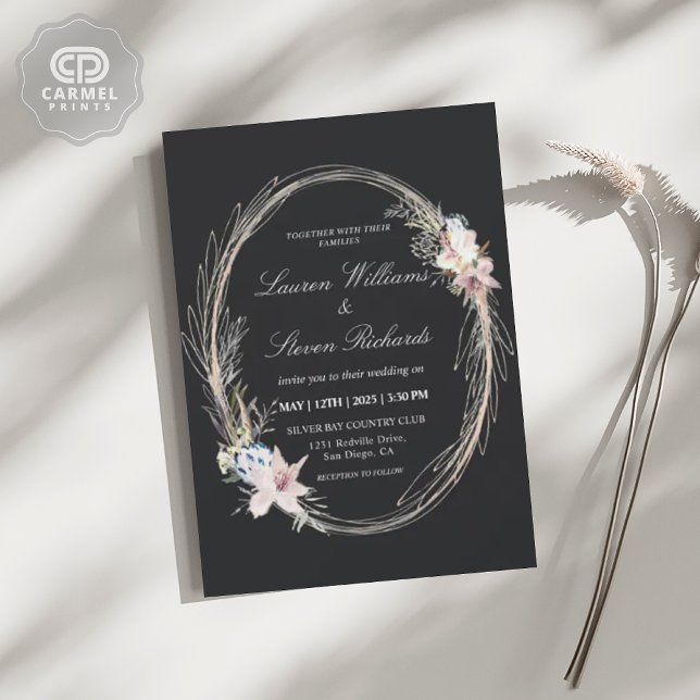 Invitación Personalizado Black Pink Whimsical Wreath Floral P (Custom Black Pink Whimsical Wreath Floral Premium Invitation)