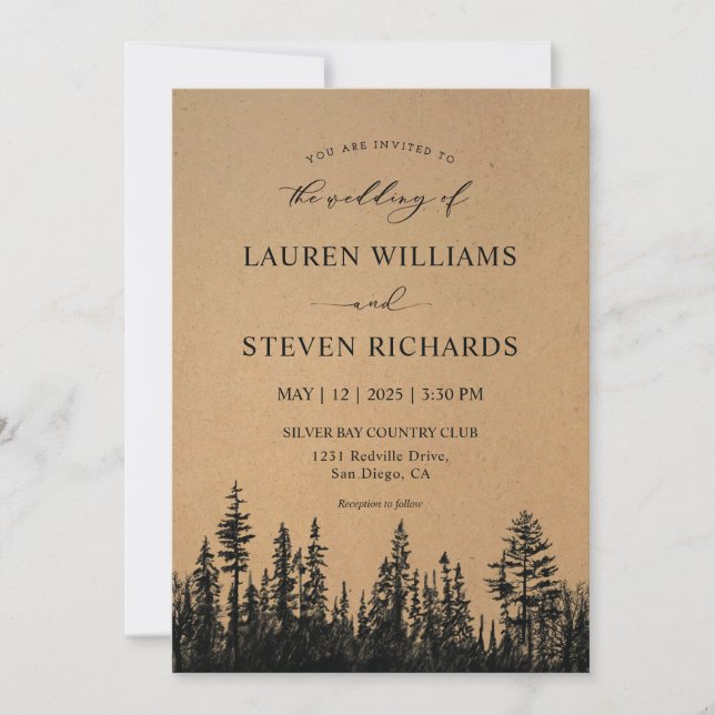 Invitación Personalizado Black Tan Khaki Pine Tree Woods Boda (Anverso)