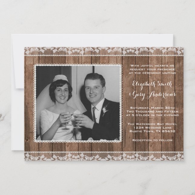 Invitación Personalizado blanco rústico de la foto de la boda (Anverso)