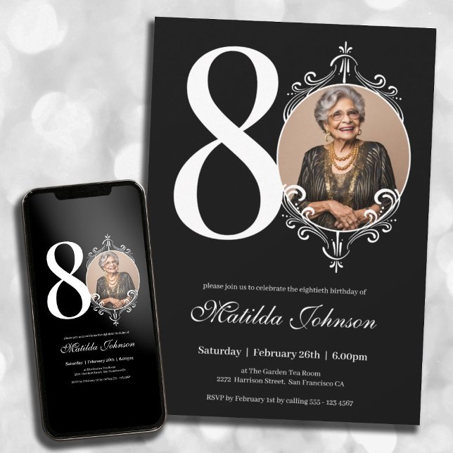 Invitación Personalizado blanco y negro foto 80 cumpleaños (80th Birthday Classic Black and White Custom Photo Invitation)