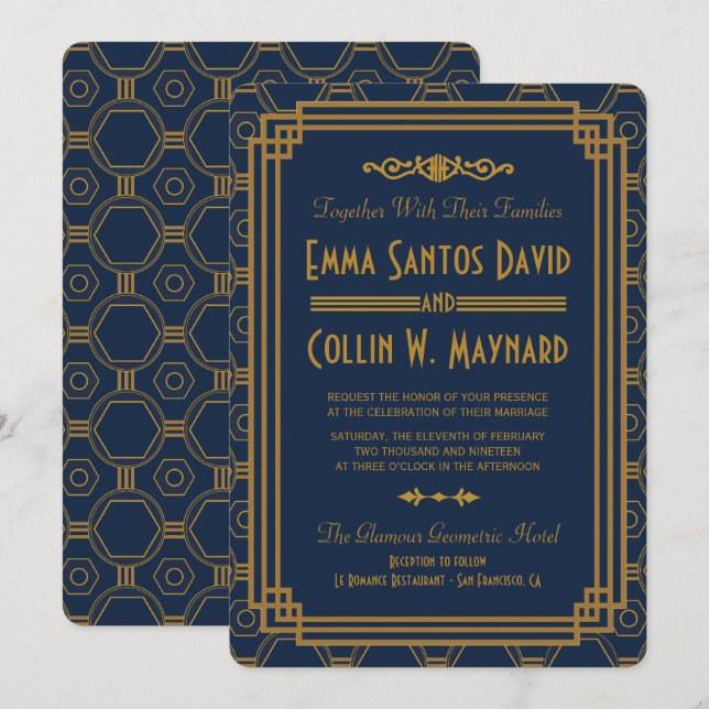 Invitación Personalizado Blue Art Deco Wedding (Anverso / Reverso)