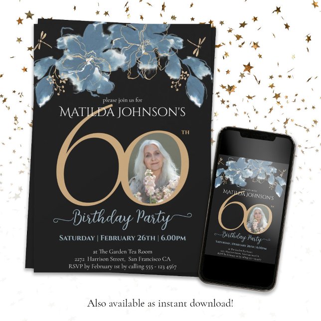 Invitación Personalizado Blue Black Gold Foto Floral 60 cumpl (Floral 60th Birthday Blue Black Gold Custom Photo Invitation)