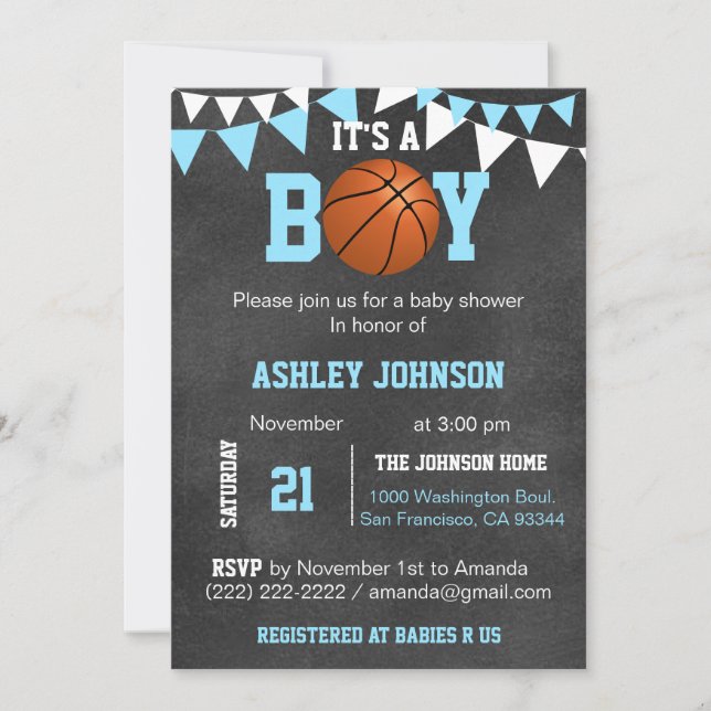 Invitación Personalizado Blue Boy Baloncesto Bebé Invitacione (Anverso)