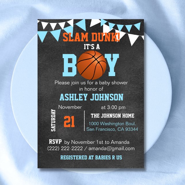 Invitación Personalizado Blue Boy Baloncesto Bebé Invitacione (Custom Blue Boy Basketball Baby Shower Invitations)