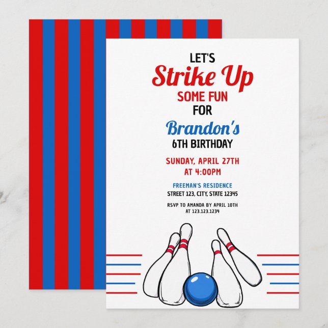 Invitación Personalizado Blue & Red Bowling Kids 6º cumpleaño (Anverso / Reverso)