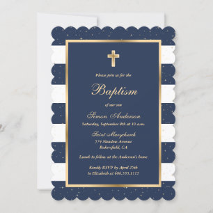 Invitación Personalizado Blue White Gold Stripe Boy Baptismo
