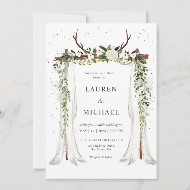 Invitación Personalizado Boda de Antler Floral Boho Blanco Ca (Anverso)