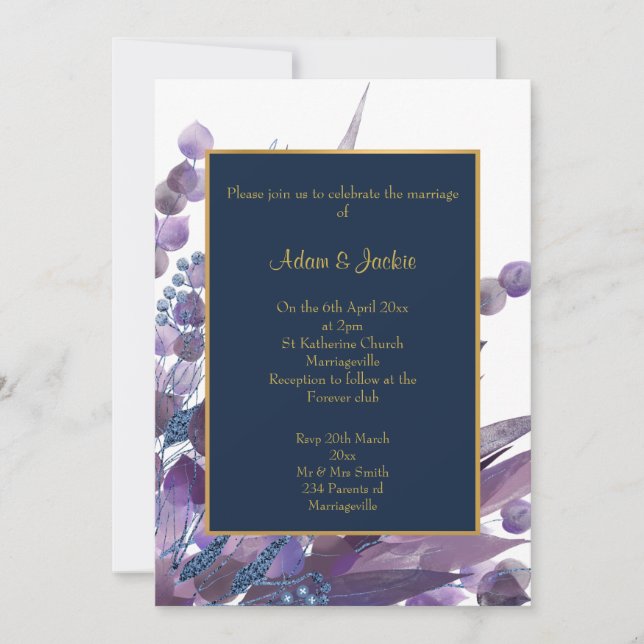 Invitación PERSONALIZADO BODA de EUCALYPTUS NAVY WHITE (Anverso)