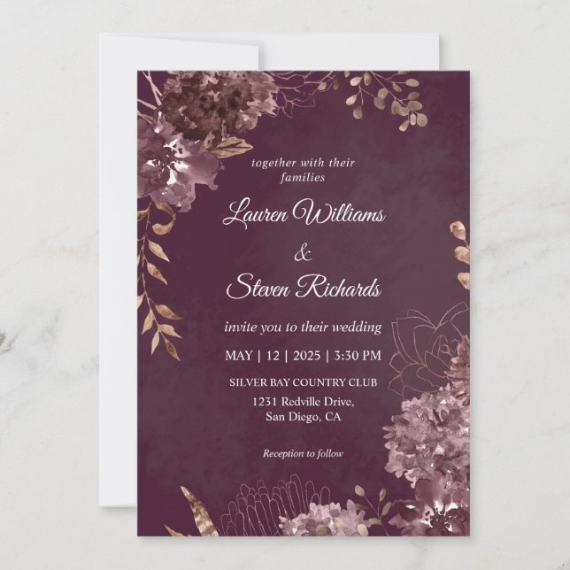 Invitación Personalizado Boda de flores de chocolate morado o (Anverso)