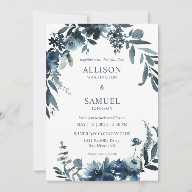 Invitación Personalizado Boda de Flores de Índigo azul oscuro (Anverso)
