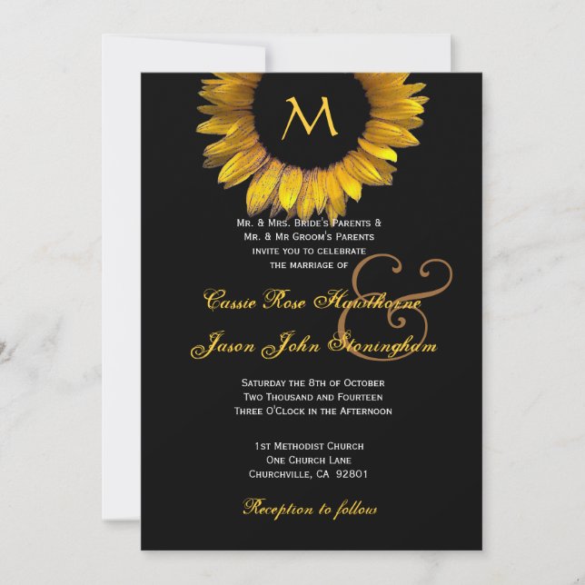 Invitación Personalizado Boda de girasol dorado Monograma (Anverso)