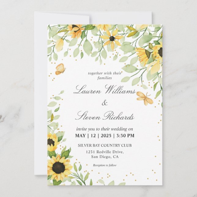 Invitación Personalizado Boda de girasoles blancos y mariposa (Anverso)