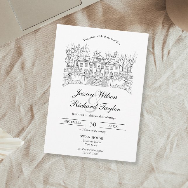 Invitación Personalizado Boda de Ilustracion Manor de la Casa (custom hand drawn Swan house wedding venue )