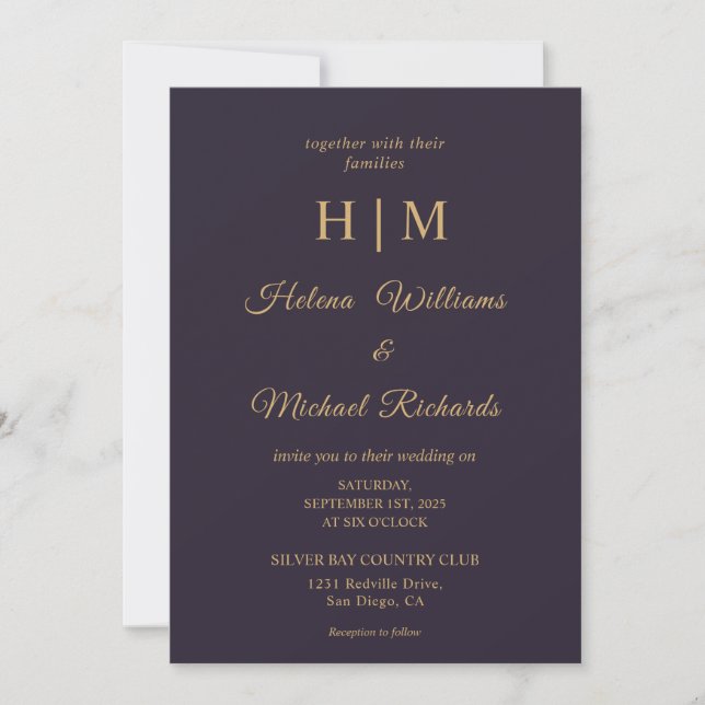 Invitación Personalizado Boda de la carta dorada azul de la M (Anverso)
