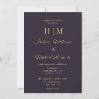 Invitación Personalizado Boda de la carta dorada azul de la M
