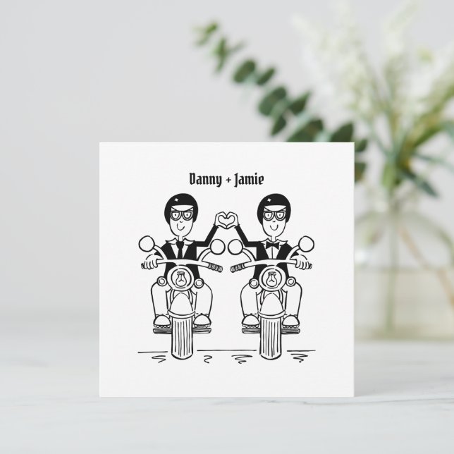 Invitación Personalizado Boda de motocicleta de dos Grooms Bi (Anverso de pie)