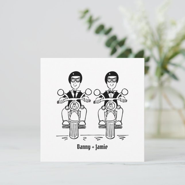 Invitación Personalizado Boda de motocicleta de dos Grooms Bi (Anverso de pie)