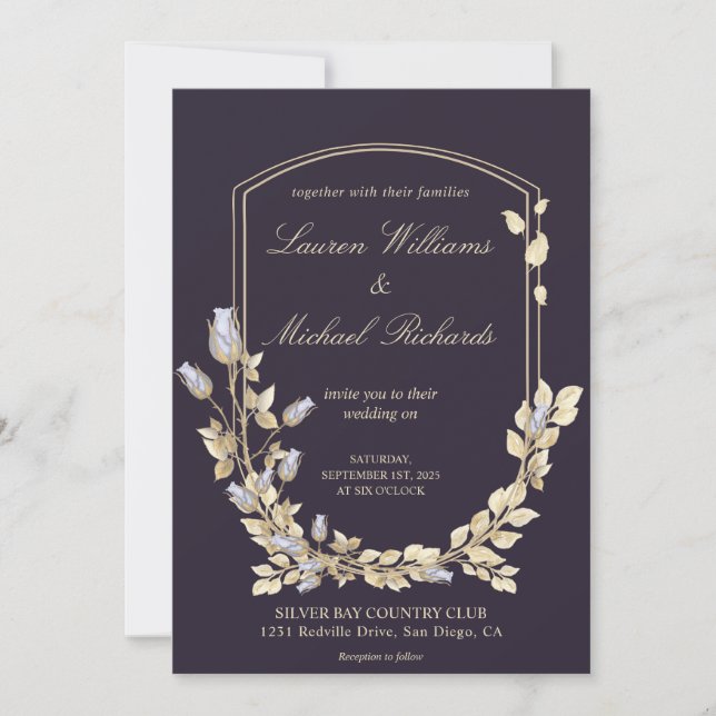 Invitación Personalizado Boda Escudo de flor de oro azul oscu (Anverso)