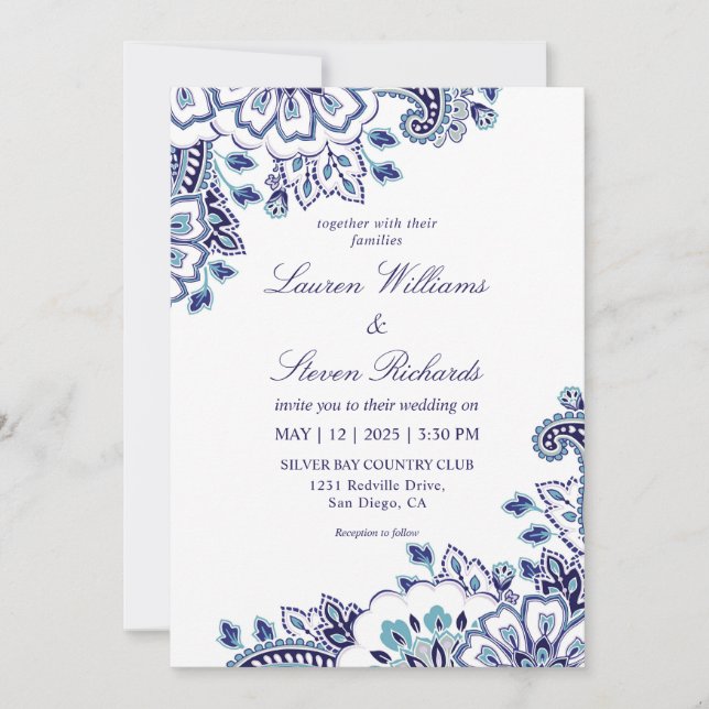 Invitación Personalizado Boda Paisley de color azul oscuro bl (Anverso)