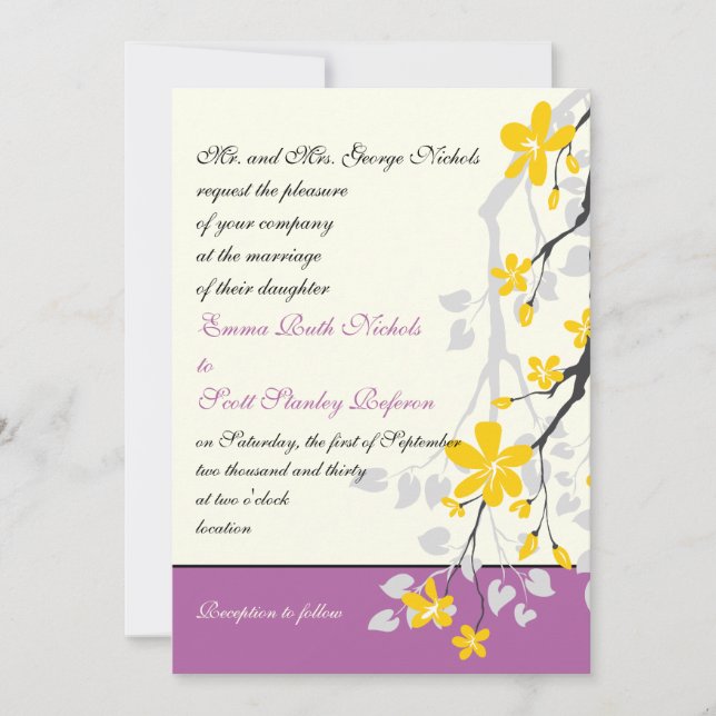 Invitación Personalizado boda púrpura de flores amarillas (Anverso)