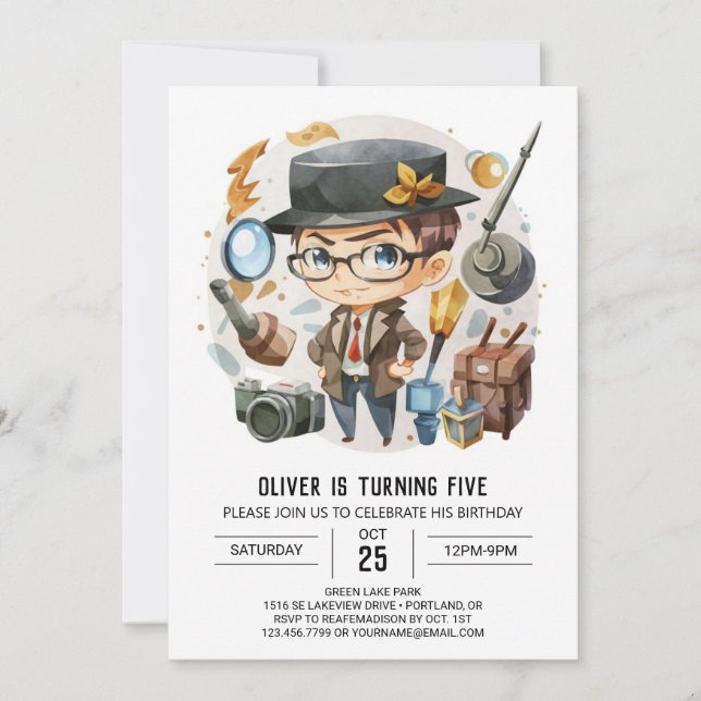 Invitación Personalizado Bohemira Detective Cumpleaños (Anverso)