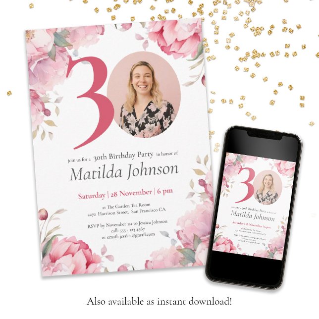 Invitación Personalizado botánico con flores rosadas Foto 30  (30th Birthday Pink Floral Botanical Custom Photo Invitation)