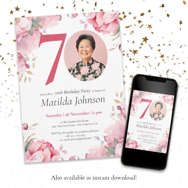 Invitación Personalizado botánico con flores rosadas Foto 70  (70th Birthday Pink Floral Botanical Custom Photo Invitation
)