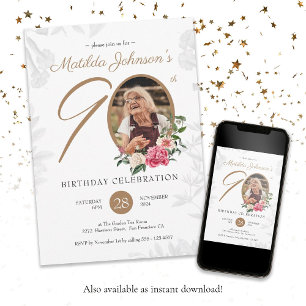 Invitación Personalizado Botánico de Oro Blanco Floral 90 cum