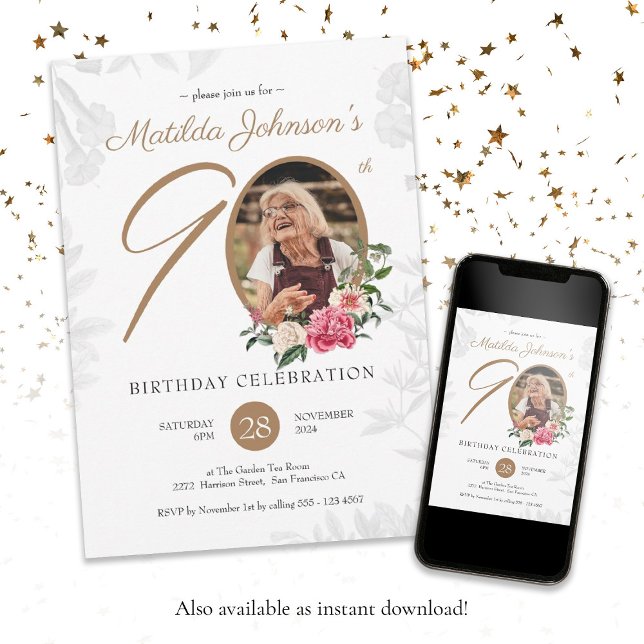 Invitación Personalizado Botánico de Oro Blanco Floral 90 cum (Floral 90th Birthday White Gold Botanical Custom Invitation)