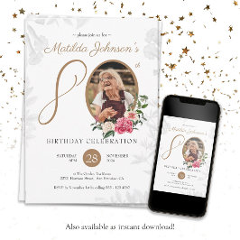 Invitación Personalizado Botánico de Oro Blanco Foto 80 cumpl