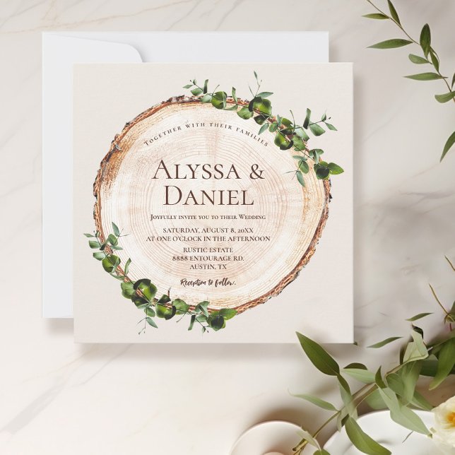 Invitación Personalizado Botánico Rústico de la Barca de Made (Green leaves on Wood cut slice, rustic wedding invitation)