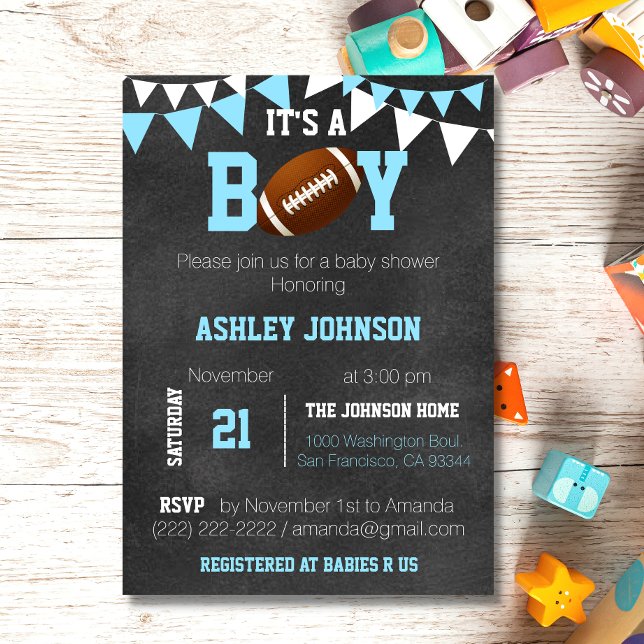 Invitación Personalizado Boy Chalkboard Tema de fútbol Baby S (Custom Boy Chalkboard Football Sport Theme Baby Shower Invitation)